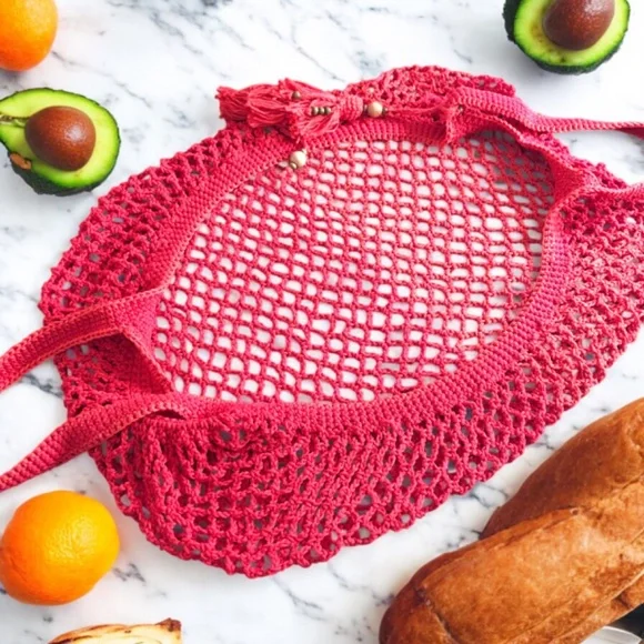 French Inspired Crochet Fishnet Market Bag Red Rouge Tote Shoulder Bag w/Tassel - Picture 4 of 16